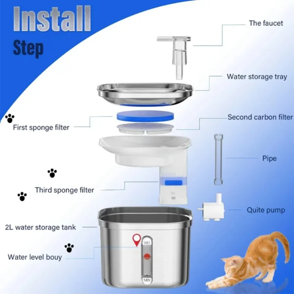 2.2L Stainless Steel Dog & Cat Feeders: Ultra-Quiet Automatic Water Fountain - Image 4